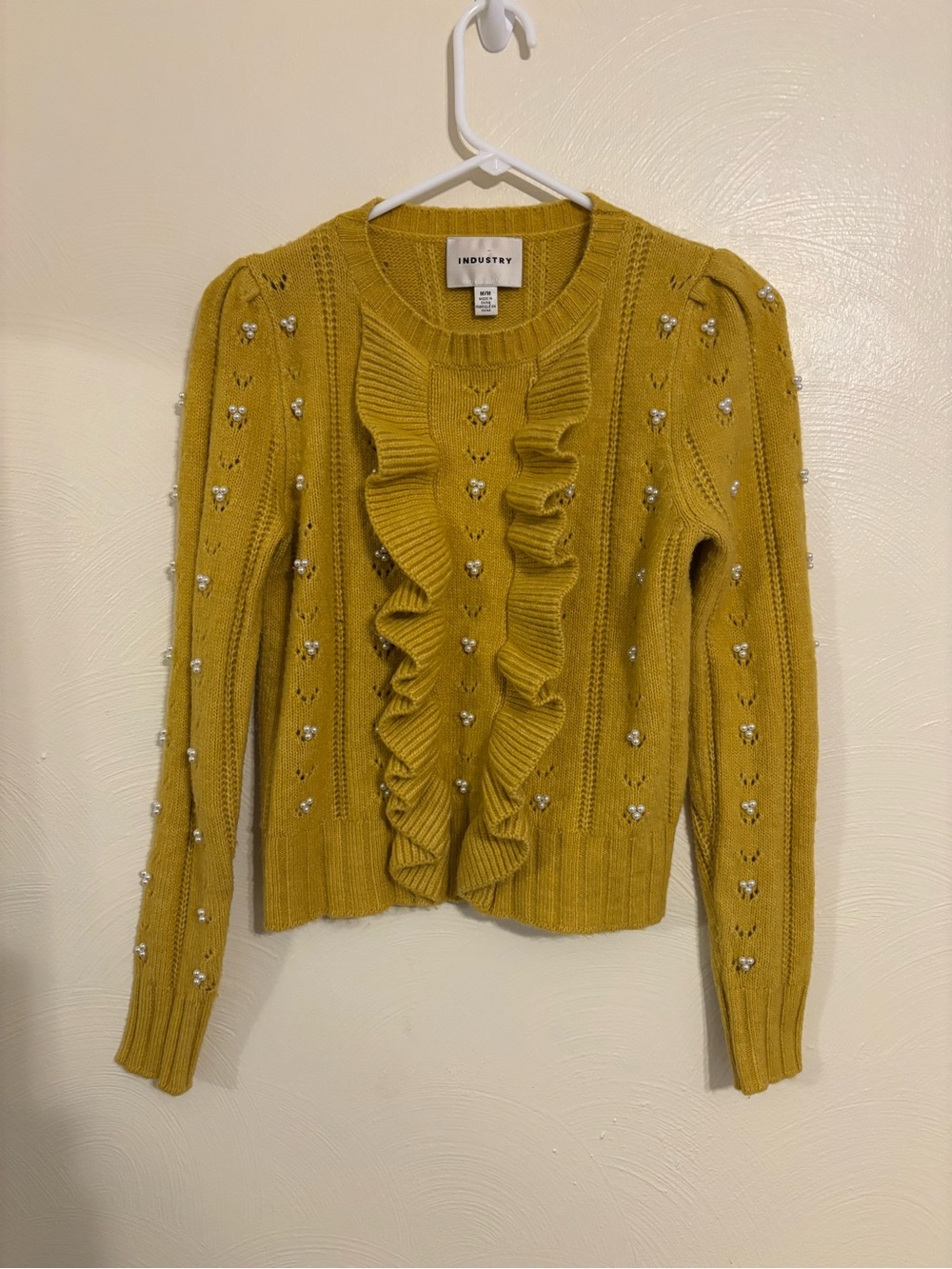 Industry M Mustard Yellow Pearl Embellished Ruffle Sweater M Medium